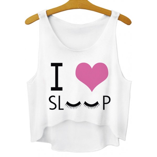 White I Love Sleep Cropped Sleeveless T Shirt Cami Tank Top 