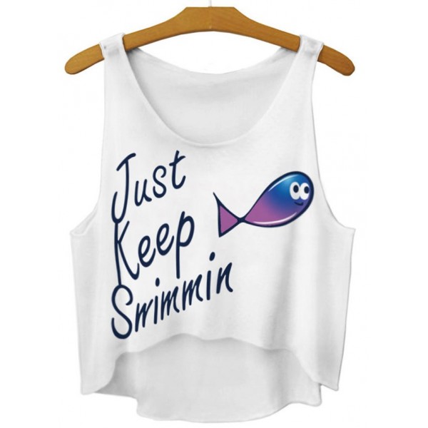 White Just Keep Swimming Fish Cropped Sleeveless T Shirt Cami Tank Top 
