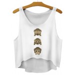 White Three Monkeys Emoji Cropped Sleeveless T Shirt Cami Tank Top 
