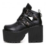 Black Double Buckles Platforms Punk Rock Chunky Heels Boots Creepers Shoes