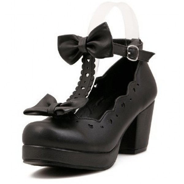 Black T Strap Bow Mary Jane Round Head Lolita Platforms Mid Heels Shoes
