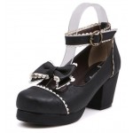 Black White Bow Mary Jane Round Head Lolita Platforms Mid Heels Shoes