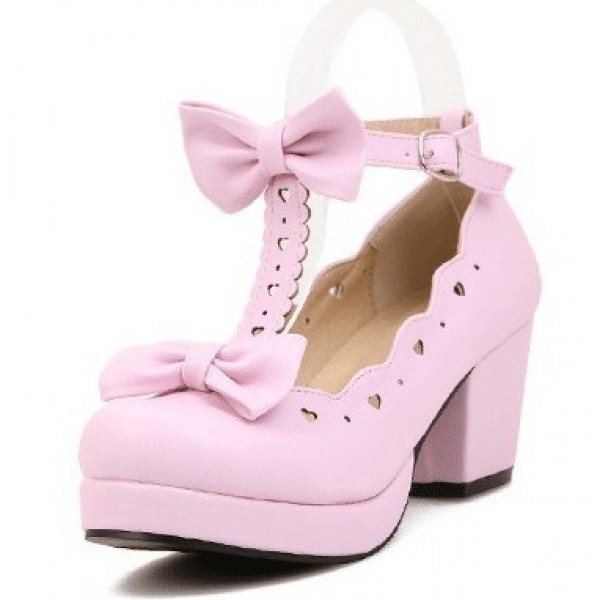 Pink T Strap Bow Mary Jane Round Head Lolita Platforms Mid Heels Shoes