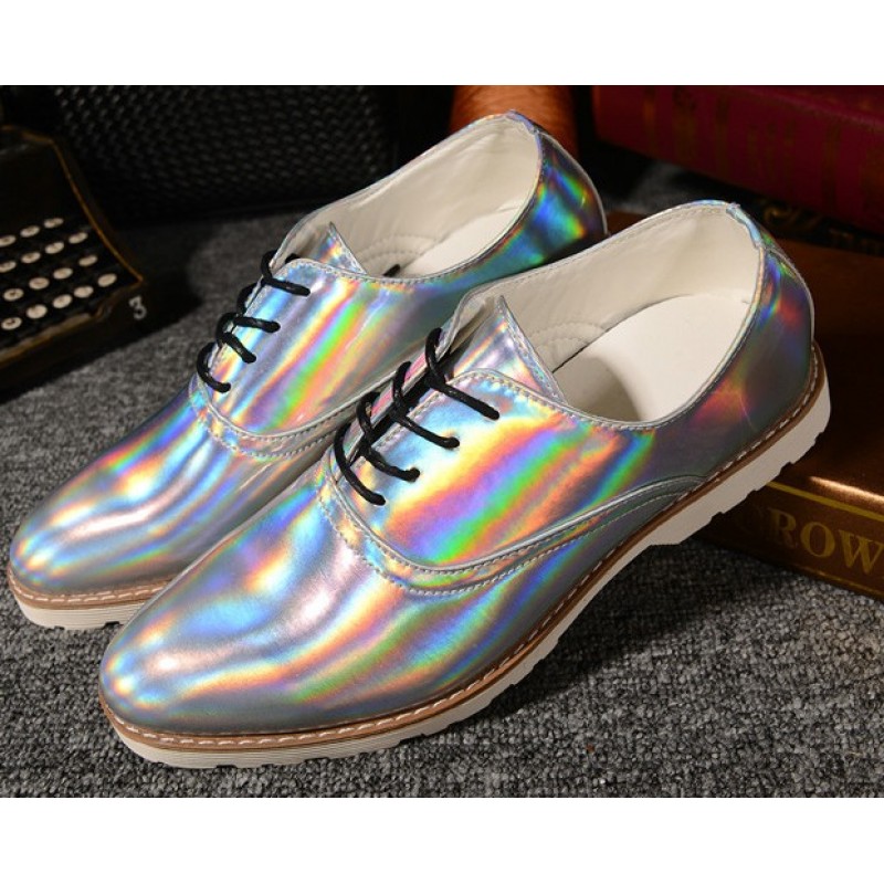 Silver Holographic Laser Mirror Lace Up Mens Oxfords Dress
