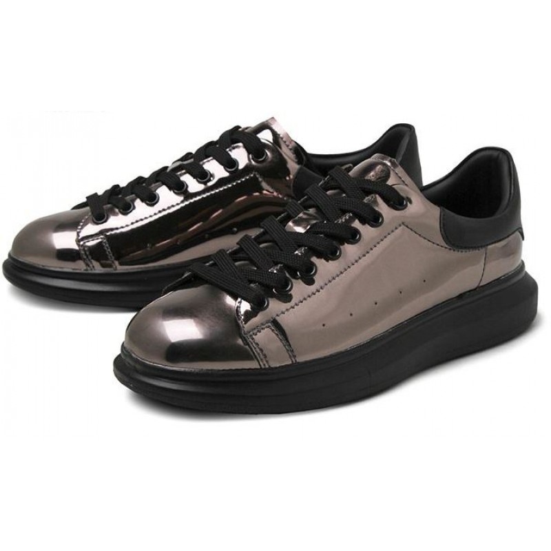 Silver Metallic Mirror Shiny Leather Punk Rock Lace Up Shoes