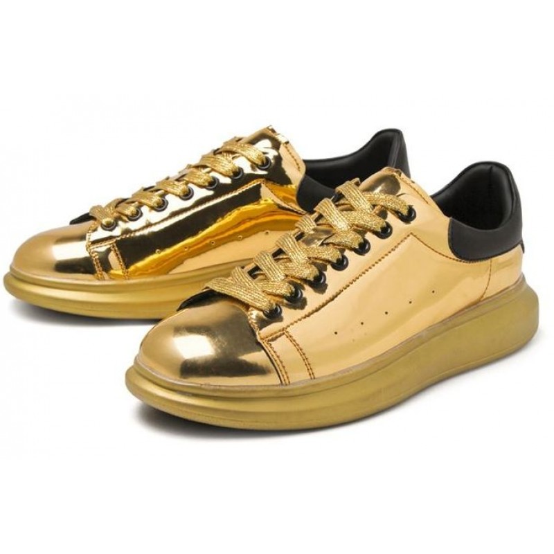 forhindre Delegation Delegeret Gold Metallic Mirror Shiny Leather Punk Rock Lace Up Shoes Mens Sneakers