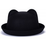 Black Woolen Cat Bear Animal Ears Rolled Brim Dance Jazz Bowler Hat Cap
