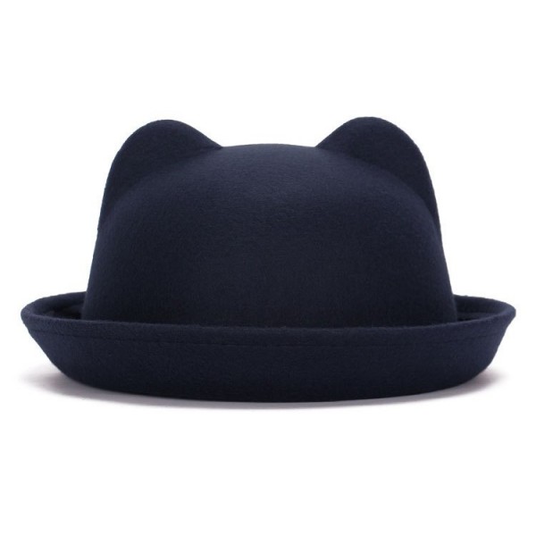 Blue Navy Woolen Cat Bear Animal Ears Rolled Brim Dance Jazz Bowler Hat Cap