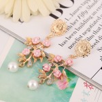 Pink Flowers Gold Pearls Glamorous Earrings Ear Drops