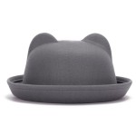 Grey Woolen Cat Bear Animal Ears Rolled Brim Dance Jazz Bowler Hat Cap