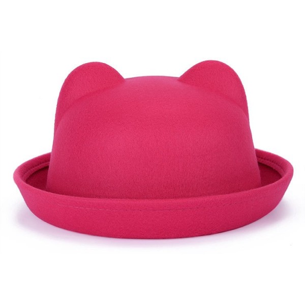 Pink Fushia Woolen Cat Bear Animal Ears Rolled Brim Dance Jazz Bowler Hat Cap
