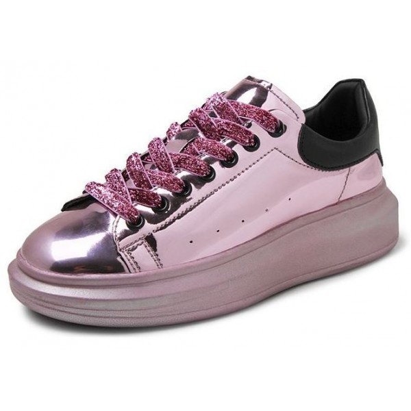 Purple Metallic Mirror Shiny Leather Punk Rock Lace Up Shoes Womens Sneakers