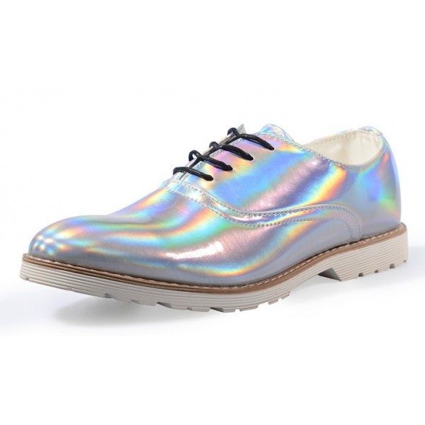 Silver Holographic Laser Mirror Lace Up Mens Oxfords Dress Shoes
