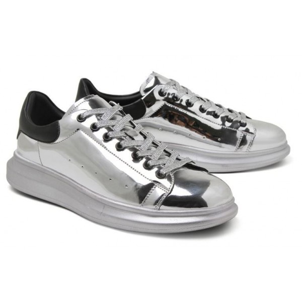 Silver Metallic Mirror Shiny Leather Punk Rock Lace Up Shoes Womens Sneakers