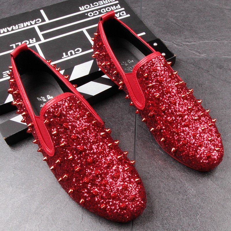Fashion Brand Rhinestone Crystal Leather Red Bottoms High Tops Rivets Shoes  For Men Casual Flats Loafers Women's Spiked Sneakers