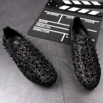 Black Glitter Bling Bling Spikes Punk Rock Mens Loafers Flats Shoes