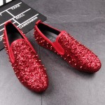 Red Glitter Bling Bling Spikes Punk Rock Mens Loafers Flats Shoes