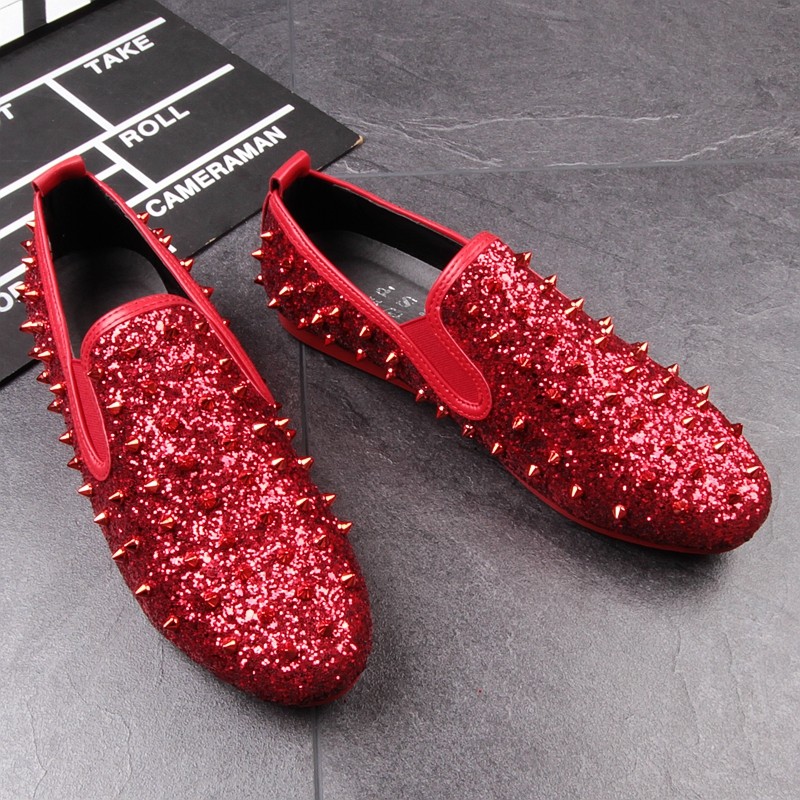 red glitter loafers