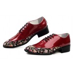 Burgundy Florals Patent Pointed Head Lace Up Mens Oxfords Shoes