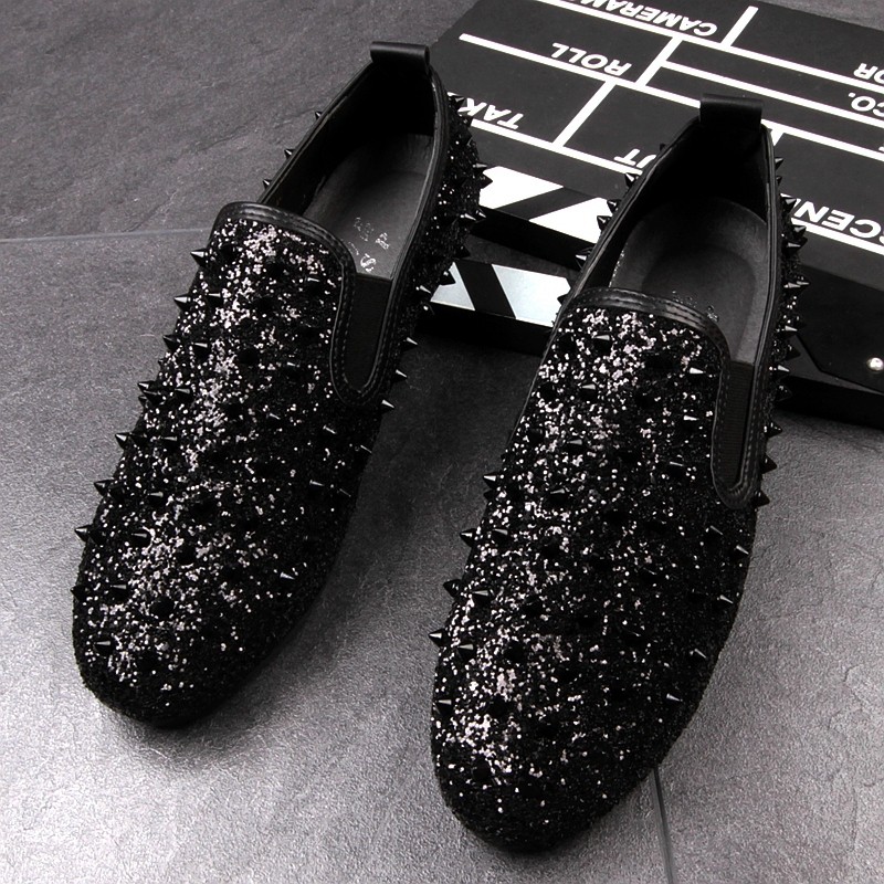Black Suede Spike Studs Punk Rock Mens Loafers Flats Dress Shoes