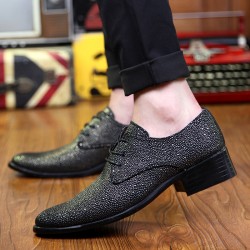 Black Metallic Pointed Head Lace Up Mens Oxfords Shoes