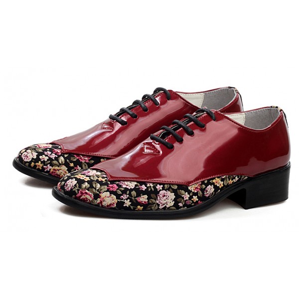 Burgundy Florals Patent Pointed Head Lace Up Mens Oxfords Shoes
