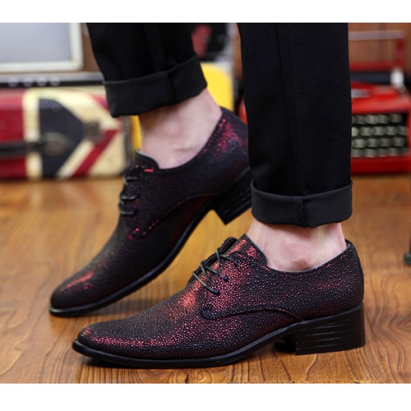 Burgundy Red Metallic Pointed Head Lace Up Mens Oxfords Shoes