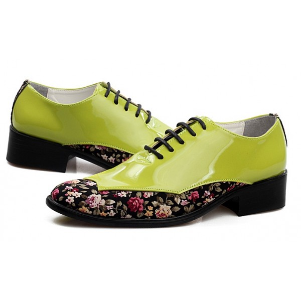 Green Lime Black Florals Patent Pointed Head Lace Up Mens Oxfords Shoes