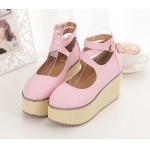 Pink Cross Ankle Straps Mary Jane Lolita Wedges Platforms Creepers Shoes