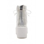 Silver Metallic Mirror Lace Up Chunky White Sole Block Platforms Boots Shoes