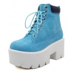 Blue Lace Up Chunky White Sole Block Platforms Boots Shoes