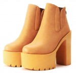 Brown Camel Khaki Punk Rock Chunky Sole Block High Heels Platforms Boots Shoes