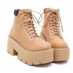 Brown Khaki Camel Lace Up Chunky Sole Block Platforms Boots Shoes