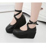 Black Cross Ankle Straps Mary Jane Lolita Wedges Platforms Creepers Shoes