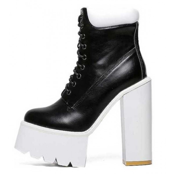 Black White Sneakers Chunky Sole Block High Heels Platforms Boots Shoes