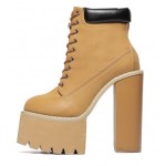 Brown Camel Khaki Lace Up Chunky Sole Block High Heels Platforms Boots Shoes