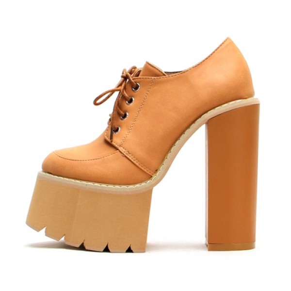 Brown Camel Khaki Punk Rock Chunky Sole High Block Heels Platforms Boots Shoes