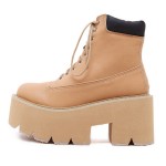 Brown Khaki Camel Lace Up Chunky Sole Block Platforms Boots Shoes