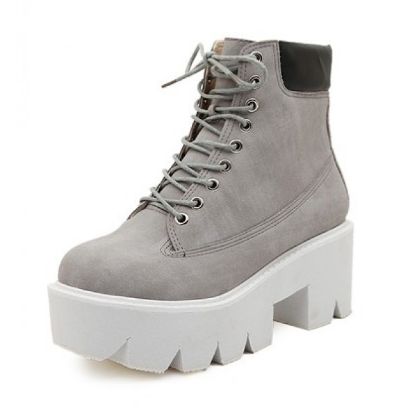 Grey Lace Up Chunky White Sole Block Platforms Boots Shoes