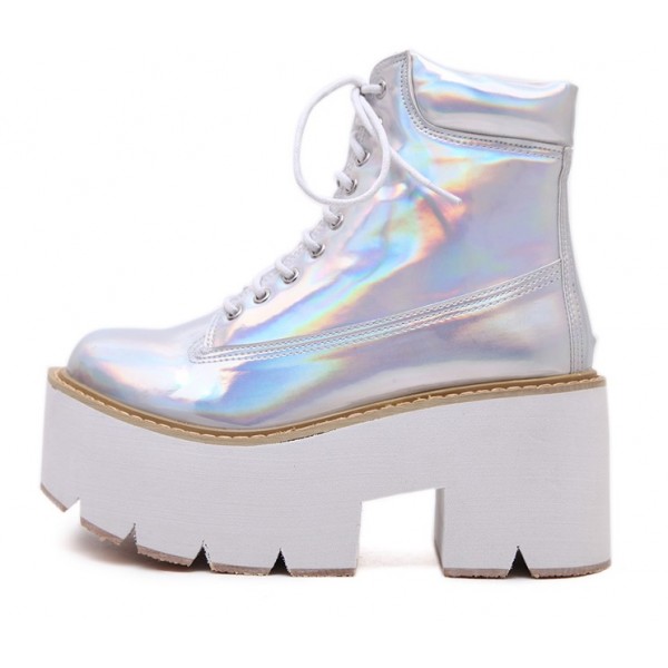 Silver Holographic Laser Lace Up Chunky White Sole Block Platforms Boots Shoes