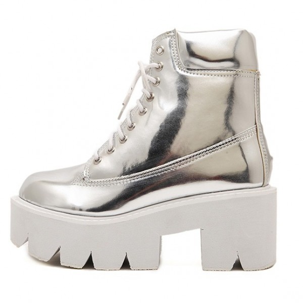 Silver Metallic Mirror Lace Up Chunky White Sole Block Platforms Boots Shoes