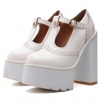 White Punk Rock T Strap Mary Jane Chunky Sole Block High Heels Platforms Pumps Shoes