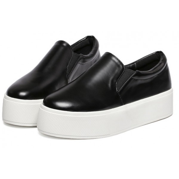 Black Leather Casual Sneakers Loafers Flats Shoes