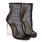 Black Sheer Net Lace Up PU Peep Toe Glass High Heels Boots Shoes