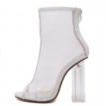 White Sheer Net Lace Up PU Peep Toe Glass High Heels Boots Shoes