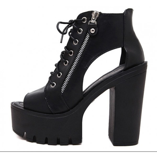 Black Peep Toe Punk Rock Lace Up Platforms High Heels Zippers Boots Sandals Shoes