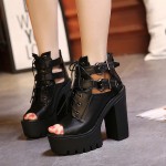Black Peep Toe Metal Buckles Punk Rock Platforms High Heels Straps Boots Shoes
