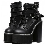 Black Gothic Punk Rock Straps Chunky Sole Block High Heels Platforms Boots Shoes