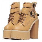 Brown Camel Khaki Punk Rock Straps Chunky Sole Block High Heels Platforms Boots Shoes
