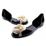 Cream Black Red Camellia Flower Jelly Ballets Ballerina Sandals Flats Shoes